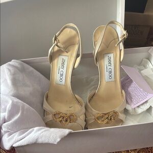 Jimmy Choo Beige Strappy Heels with Gold Accents
